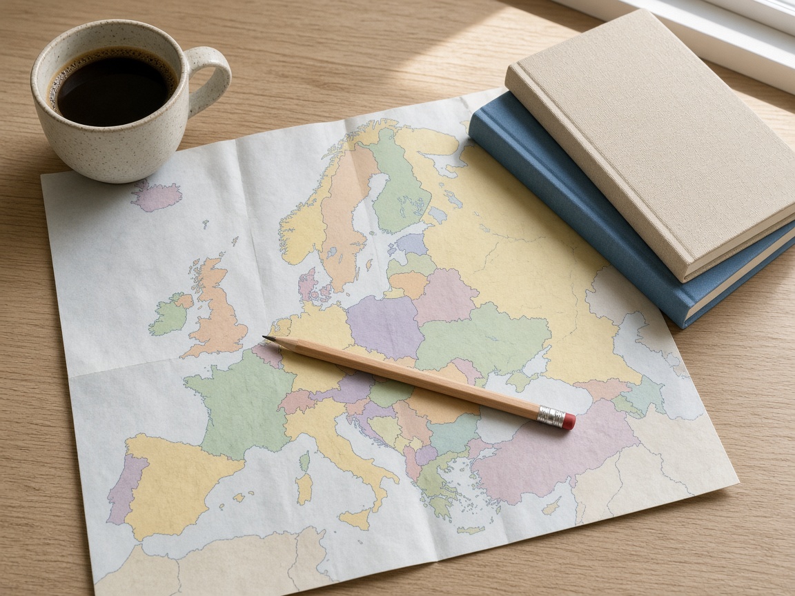 Rozłożona mapa Europy na biurku, ołówek, dwie książki i kawa